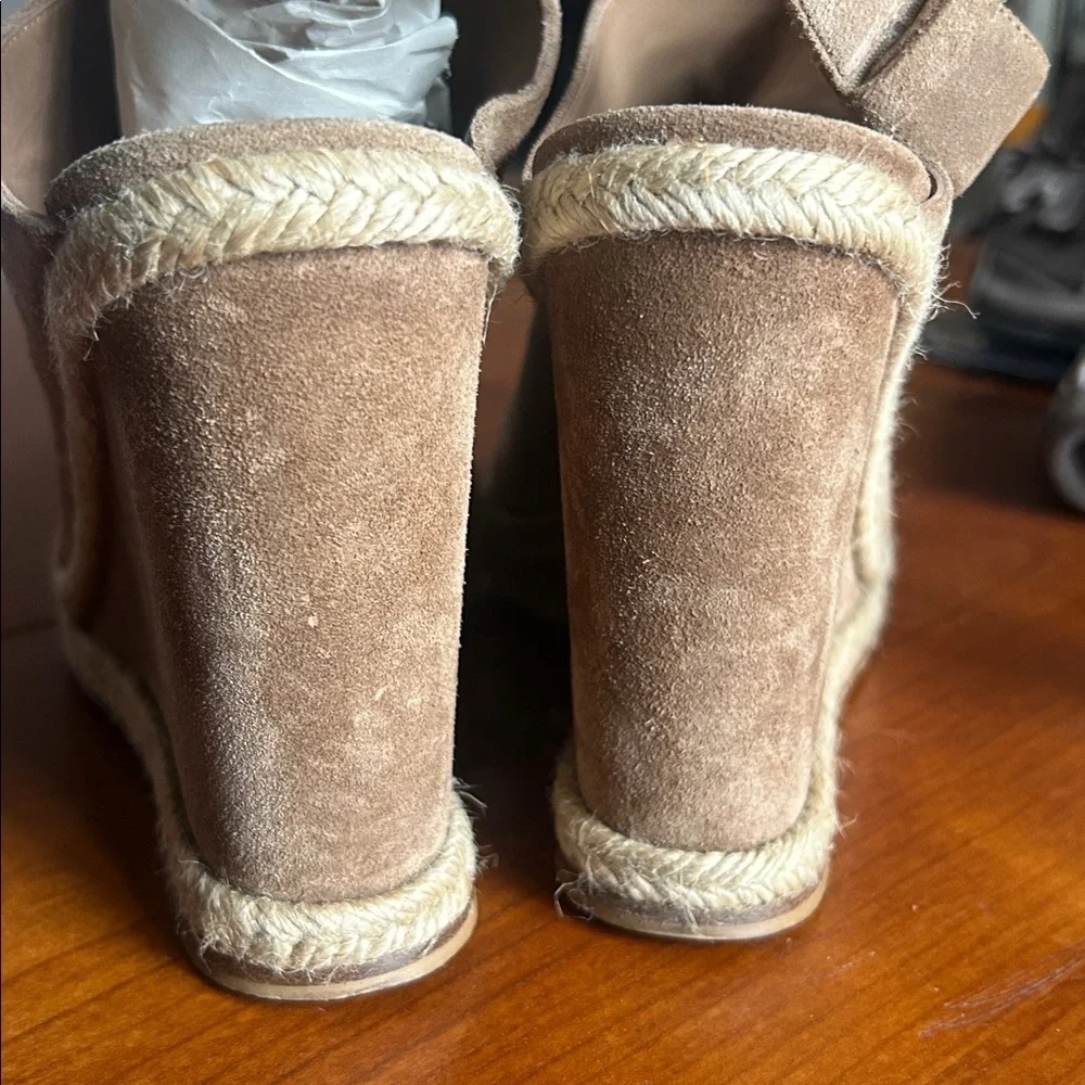 Vince Espadrille Wedges Women 10 Evangeline Taupe Tan Peep Toe Suede Ankle Strap